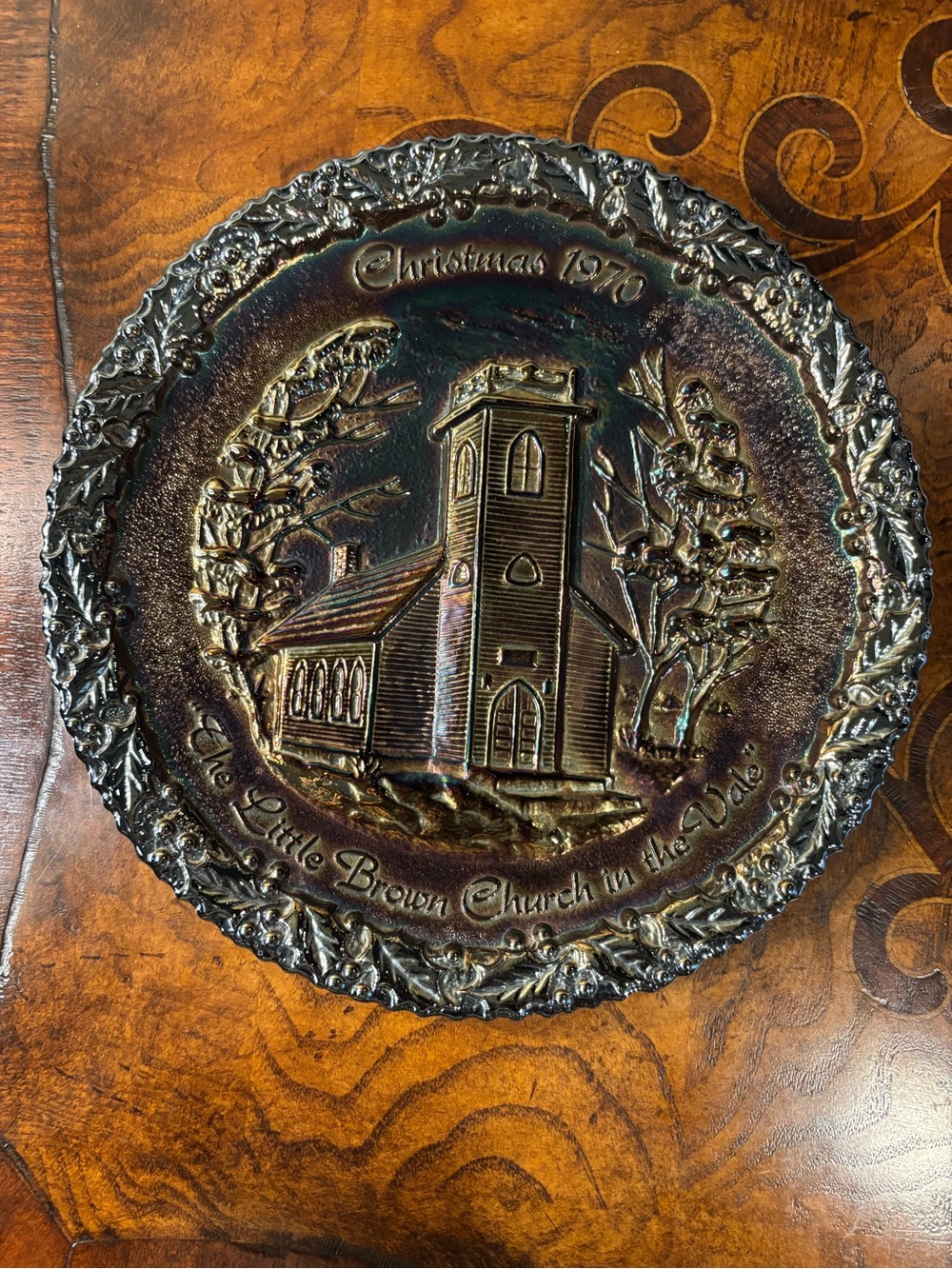 Fenton “The Little Brown Church in the Vale” Carnival Glass Wall Plate